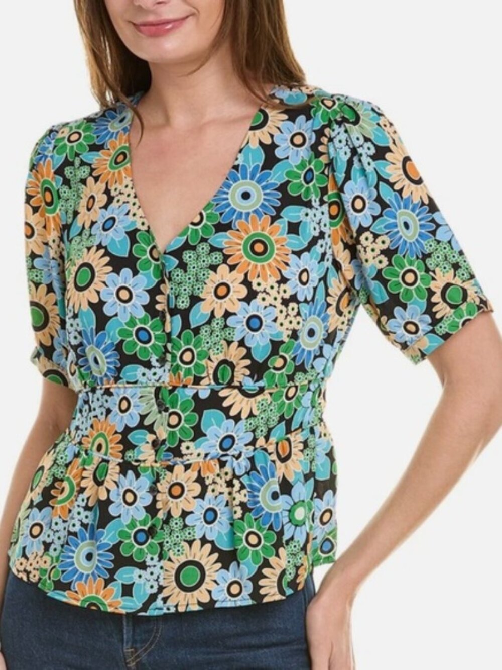 NWT CABI Happy Top Blouse - S - Floral, Retro, Empire Waist, Peplum, Blue Green